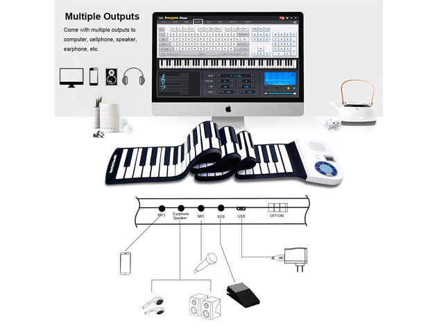 88 Key Electronic Roll Up Piano Keyboard Silicone Rechargeable  w/Pedal - White