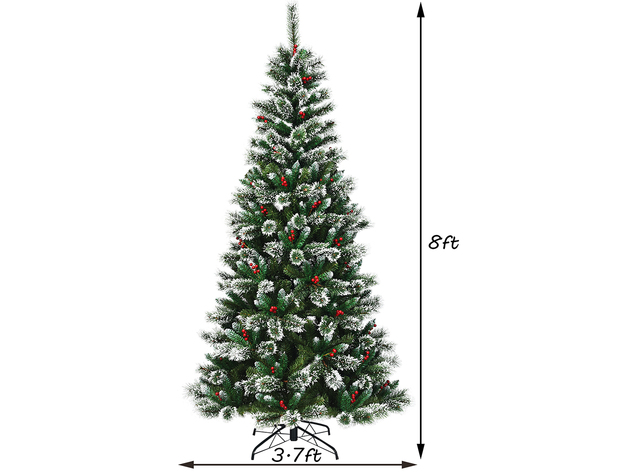 Costway 8 ft Snow Flocked Artificial Christmas Hinged Tree w/ Pine Needles & Red Berries - Green/White/Red