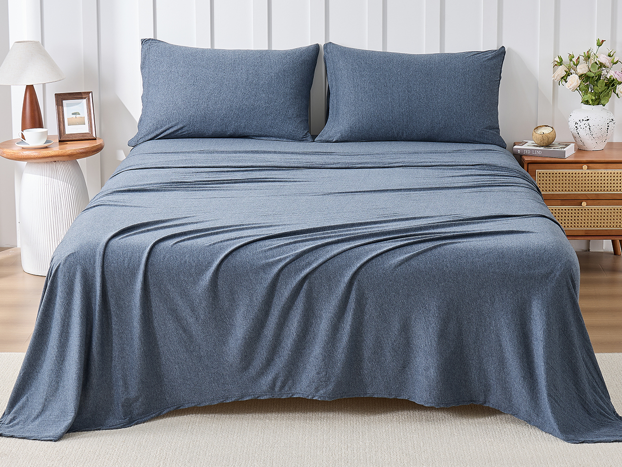 Kathy Ireland 4 Piece Heathered Jersey Knit Cotton Sheet Set (King/Denim)