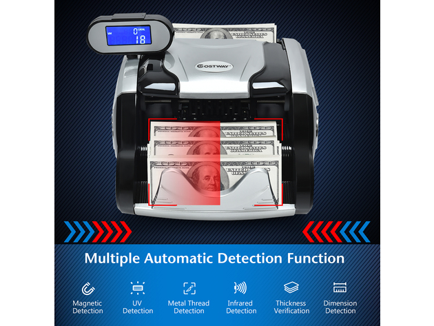 Costway Money Counter Bill Counting Machine w/ UV/MG/IR/MT Counterfeit Detection - Black, Silvery