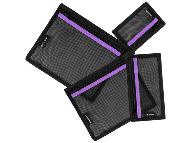 SHANY 4-in-1 Mesh Travel Toiletry and Makeup Bag Set - Assorted Sizes Cosmetic Organizers with Attaching Loops and Purple Accent