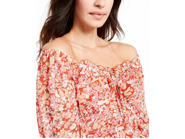 Q & A Women's Floral-Print Off-The-Shoulder Top Red Size Small