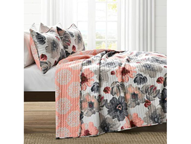 Lush Decor Polyester Quilt Floral 3 Piece Reversible, Full/Queen - Coral & Gray