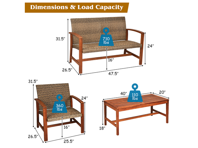 Costway 4 Piece Outdoor Patio Rattan Furniture Set Acacia Wood Frame Sofa Loveseat Garden - Coffee