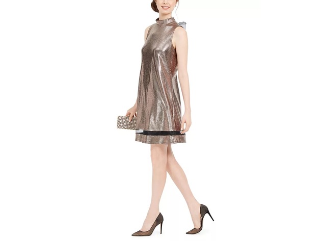 Robbie Bee Women's Petite Metallic Illusion Trapeze Dress Yellow Size Small
