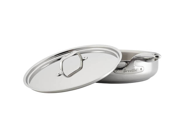 Breville Outlet 32071 Clad Stainless Steel Saute Pan / Frying Pan / Fry Pan with Lid and Helper Handle - 5 Quart, Silve