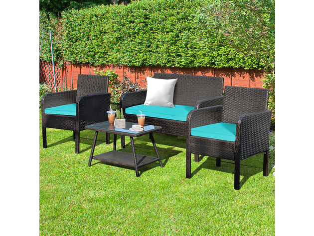 Costway 4 Piece Outdoor Rattan Furniture Set Patio Wicker Sofa w/Tempered Glass Table Cushioned Chair - Turquoise