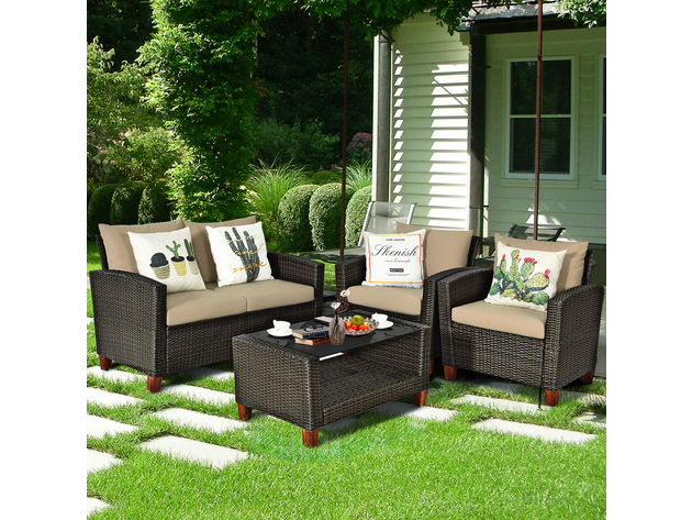 Costway 4 Piece Patio Rattan Furniture Set Solid Wood Leg Cushioned Sofa Garden Lawn