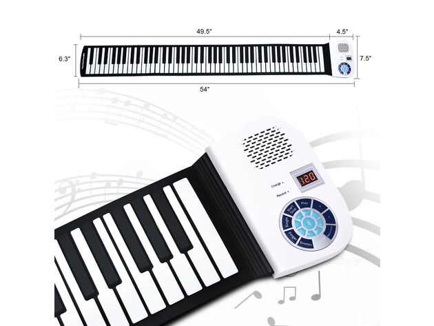 88 Key Electronic Roll Up Piano Keyboard Silicone Rechargeable  w/Pedal - White