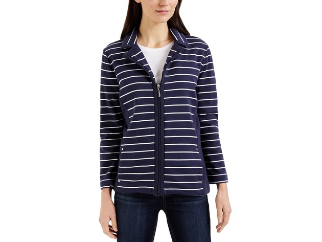 Karen Scott Women's Sport French Terry Striped Jacket Navy Size Medium