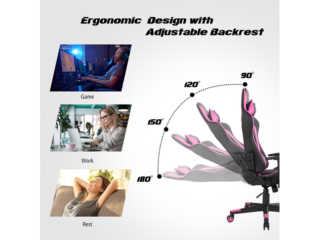 Goplus Massage Gaming Chair Reclining Racing Chair w/Lumbar Support and Headrest White\Blue\Pink\Red - Pink