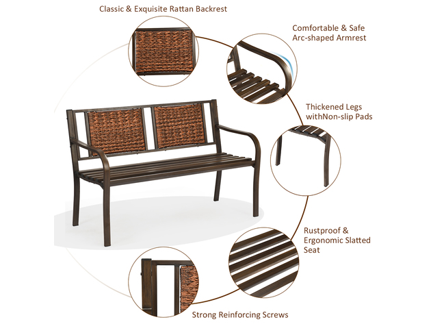 Costway Patio Garden Bench Steel Frame Rattan Backrest Park Yard Outdoor Porch Furniture - Bronze