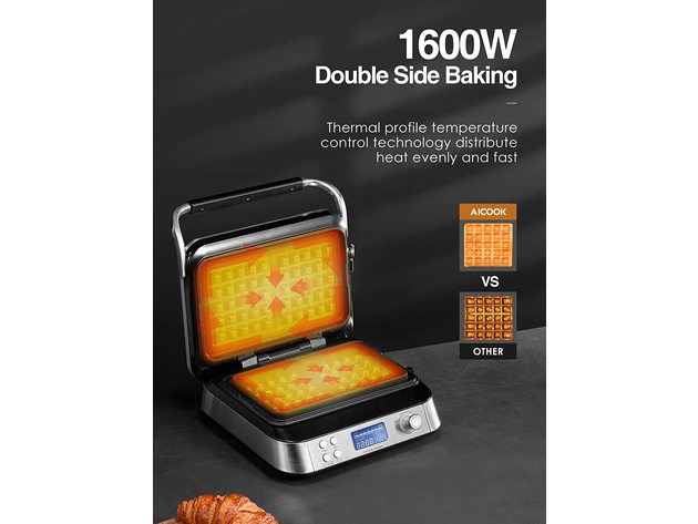 AICOOK Smart Pro Belgian Waffle Maker, 5 Different Programs, Silver