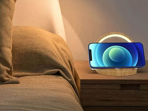 LED Bedside Lamp with Wireless Charger (Wood Grain)