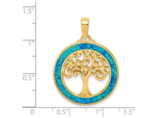 Lab-Created Blue Opal Tree of Life Circle Pendant Necklace in Yellow Plated Sterling Silver with Chain