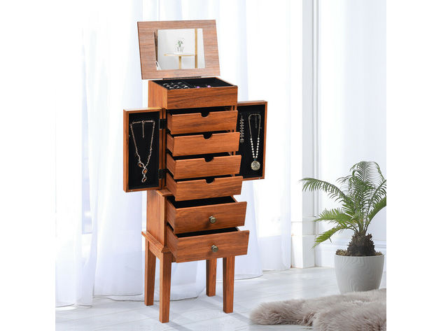 Costway Vintage Jewelry Cabinet Chest Storage Organizer Drawers&Mirror - Honey