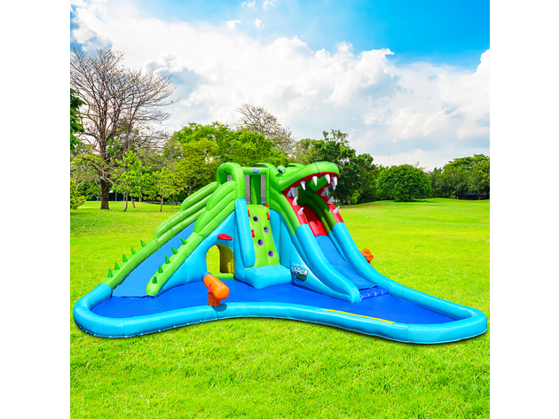 Costway Inflatable Kid Crocodile Bounce House Dual Slide Climbing Wall Splash Pool w/Bag