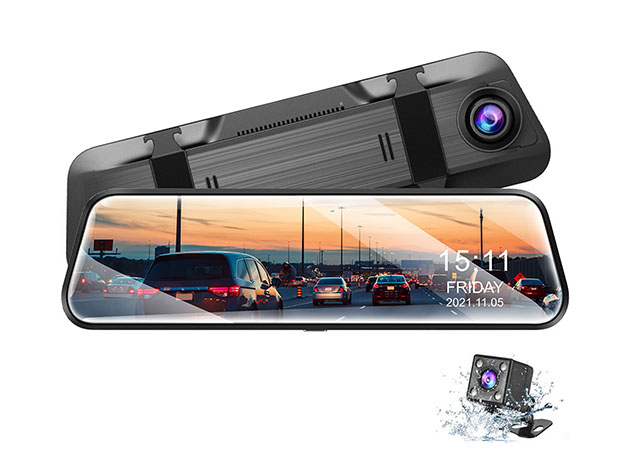 10" 4K Rearview Mirror Mounted Touchscreen Dash Cam with Voice Control & Rear Backup Camera