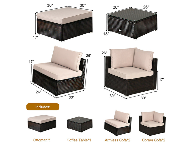 Costway 6 Piece Outdoor Patio Rattan Furniture Set Cushioned Sectional Sofa Ottoman - Brown