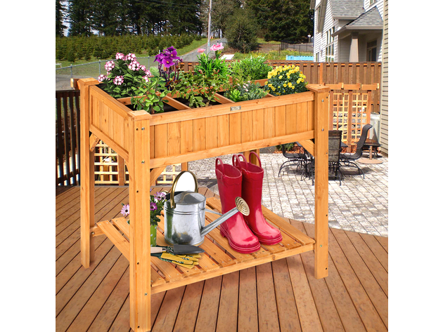 Costway 8 Grids Raised Garden Bed Elevated Planter Box Kit Wood w/Liner & Shelf - Natural