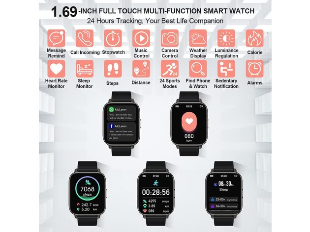 1.69'' HD Touch Screen Fitness Tracker Smartwatch for Android & iOS