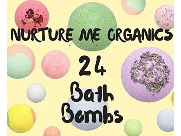 Gift Set of 24 Nurture Me Organic Bath Bombs, Large Bath Fizzies All Natural with Organic Shea & Cocoa Butter