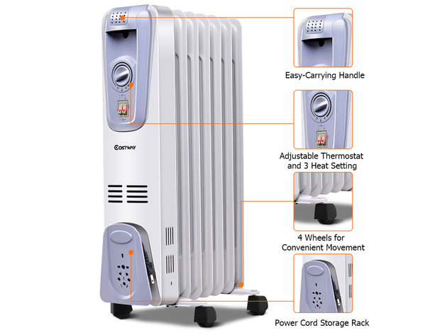 1500W Electric Oil Filled Radiator Space Heater Thermostat White