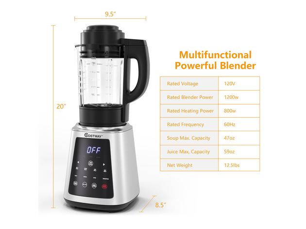 Costway Professional Countertop Blender 8-in-1 Smoothie Soup Blender with Timer - Black/Silver