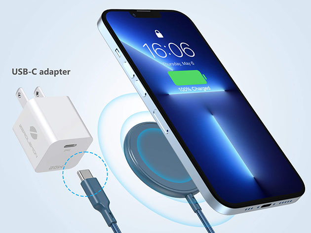10 Foot Magnetic Wireless USB-C Charging Cable Blue (MagSafe Compatible)