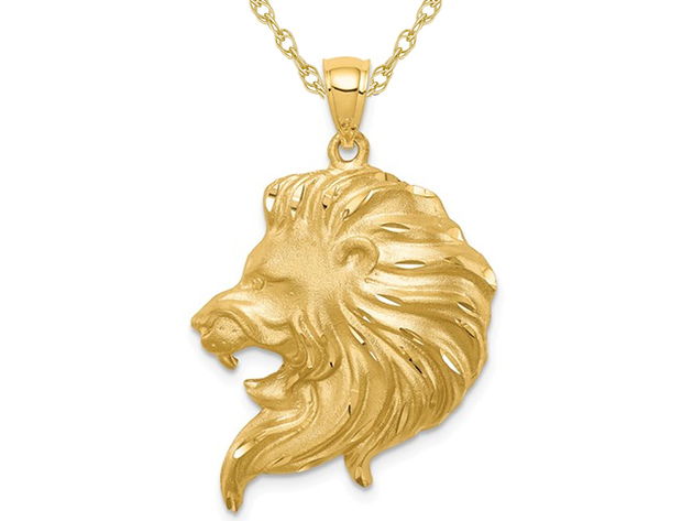 14K Yellow Gold Large Lion Head Charm Pendant Necklace with Chain
