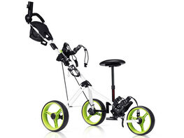 Costway Foldable 3 Wheel Push Pull Golf Club Cart Trolley w/Seat Scoreboard Bag Swivel - Black and Green