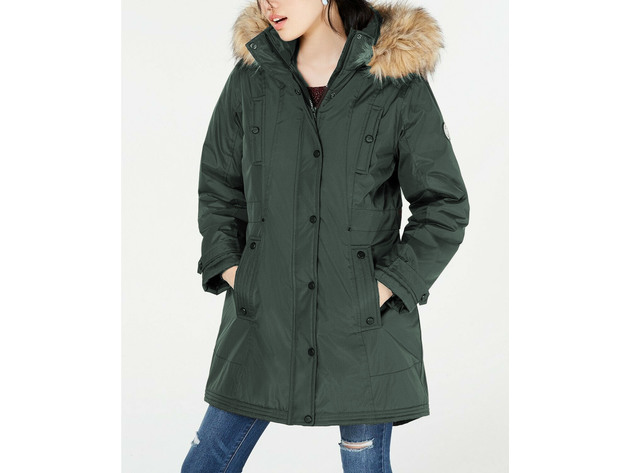 Madden Girl Junior's Faux-Fur-Trim Hooded Puffer Coat Olive Size Medium