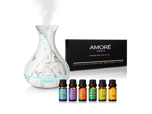 Amoré Paris White Marble Aroma Diffuser + Energizing Essential Oil Gift Set