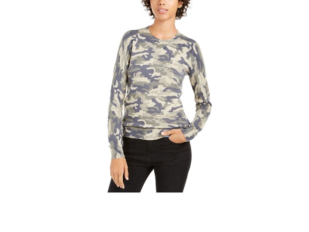 Planet Gold Juniors' Camo Crew Neck Sweater Green Size Large