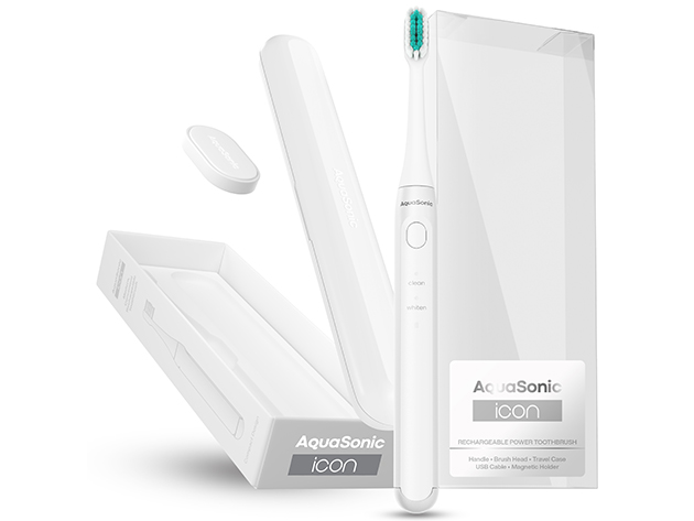 AquaSonic Icon Toothbrush with Magnetic Holder & Slim Travel Case (White)
