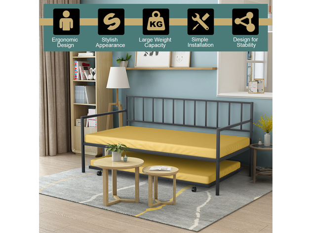 Costway Platform Bed Sofa DayBed Twin Trundle DayBed 4 Casters Mattress 