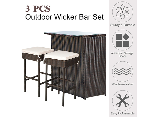 Costway 3 Piece Patio Rattan Wicker Bar Table Stools Dining Set Cushioned Chairs Garden - Brown