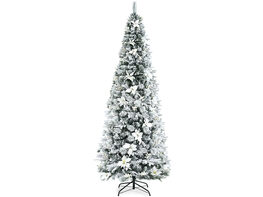 Costway 8ft Snow Flocked Christmas Pencil Tree w/ Berries & Poinsettia Flowers - White