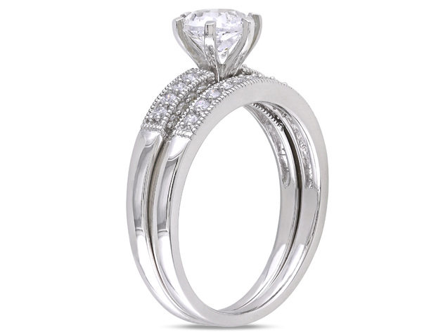 Created White Sapphire 1.0 Carat (ctw) with Diamond 1/3 Carat (ctw) Bridal Wedding Set Engagement Ring 10K White Gold - 5