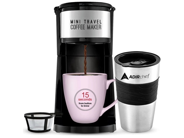 AdirChef Mini Travel Single Serve Coffee Maker & 15oz Travel Tumbler