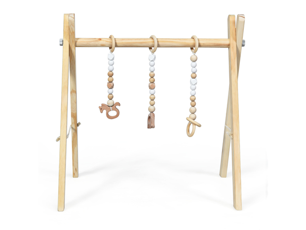 Foldable Wooden Baby Gym with 3 Wooden Baby Teething Toys Hanging Bar Natural - Natural Color