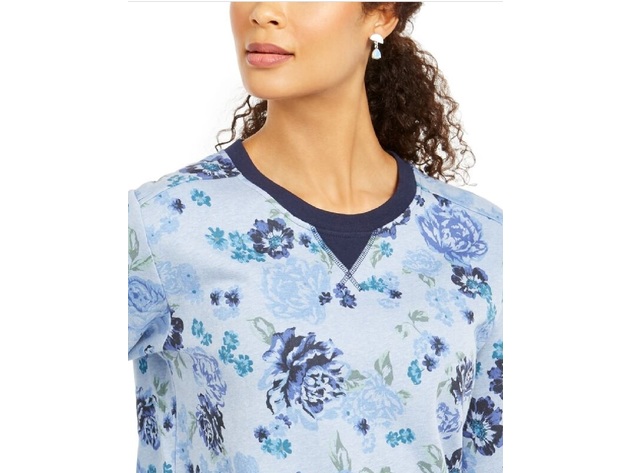 Karen Scott Women's Floral-Print Fleece Sweatshirt Blue Size Medium
