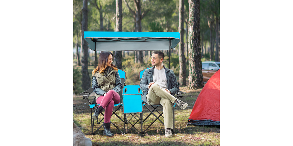 Goplus Portable Folding Camping Canopy Chairs w/ Cup Holder Cooler Outdoor - Blue