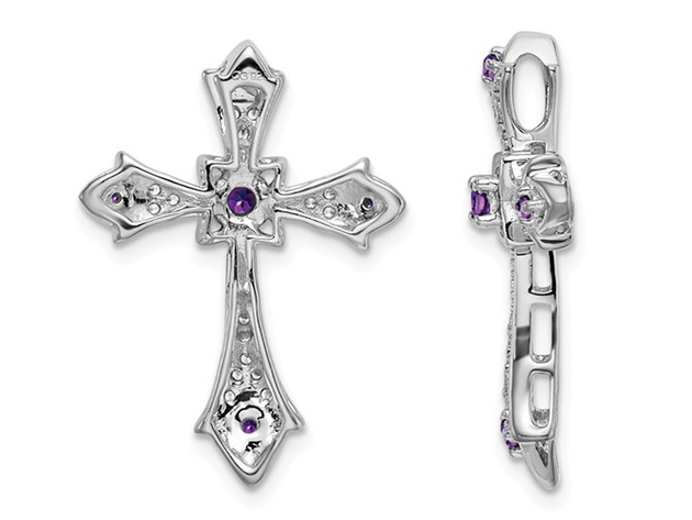 1/10 Carat (ctw) Amethyst Cross Pendant Necklace in 14K White Gold with Diamonds and Chain