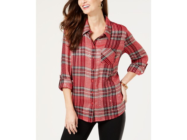 Style & Co Women's Sparkle Plaid Shirt Red Size Large
