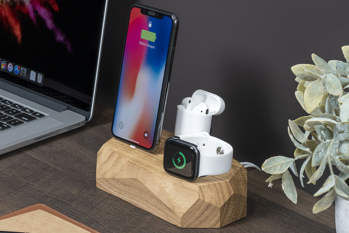 A wood charging hub, charging tech devices