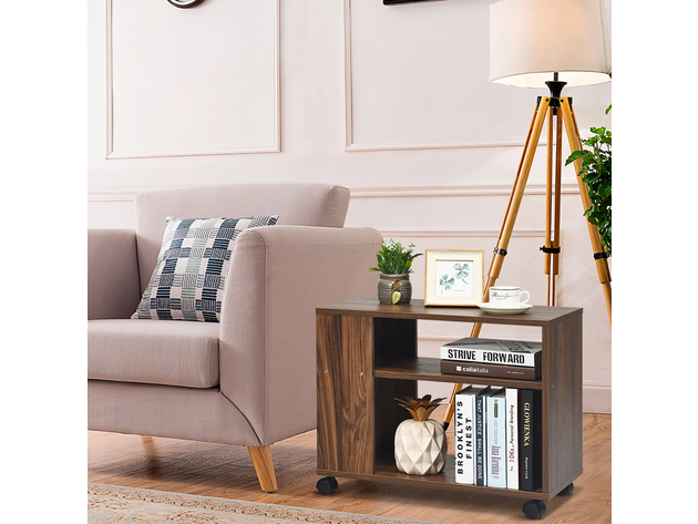 Costway 3-tier Side Table W/Storage Shelf W/Wheels Space-saving Industrial Nightstand - Brown