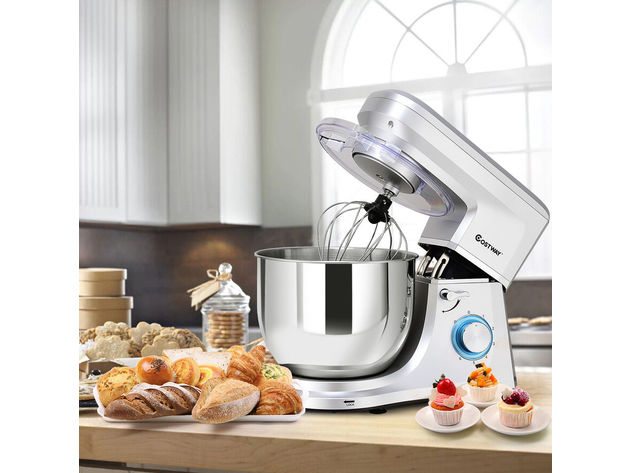 Costway Tilt-Head Stand Mixer 7.5 Quart 6 Speed 660W w/Dough Hook, Whisk & Beater Silver