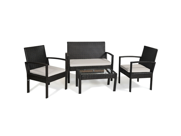 Costway 4 Piece Rattan Patio Furniture Set Garden Lawn Sofa Wicker Cushioned Seat Brown, Beige
