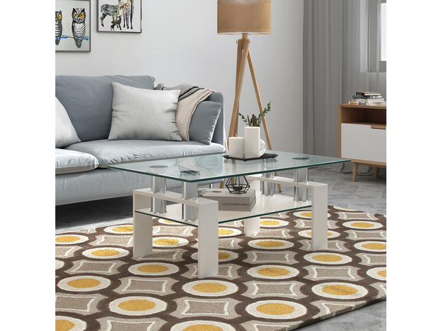 Costway Rectangle Glass Coffee Table Metal Legs End Table Livingroom - White